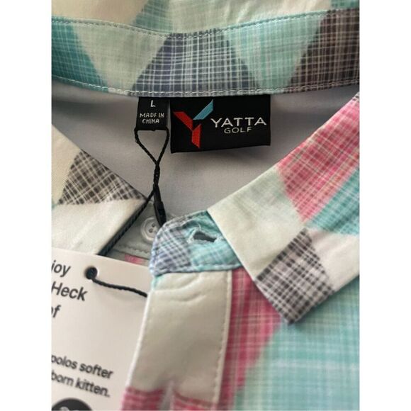 New Yatta Mens Multicolor Geometric Two Button Placket Golf Polo Shirt Size L - Picture 7 of 16